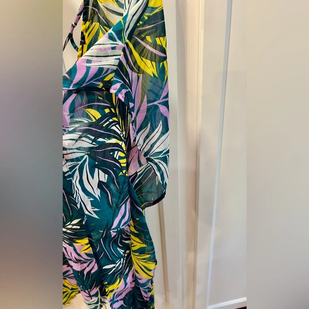 Women’s M/L. Swim Cover-Up — Tropical Leaves Print, Teal Multicolor, shear.  B6